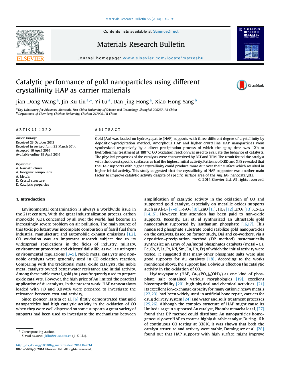 Catalytic performance of gold nanoparticles using different crystallinity HAP as carrier materials