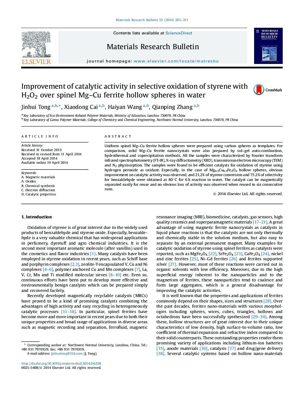 Improvement of catalytic activity in selective oxidation of styrene with H2O2 over spinel Mg–Cu ferrite hollow spheres in water