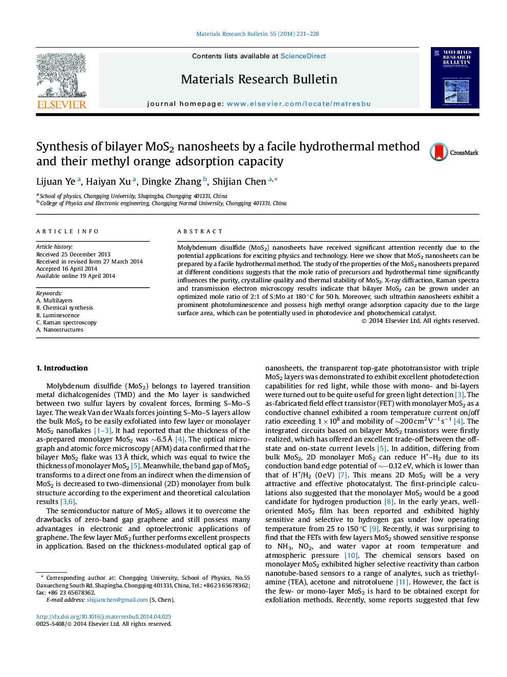 Synthesis of bilayer MoS2 nanosheets by a facile hydrothermal method and their methyl orange adsorption capacity