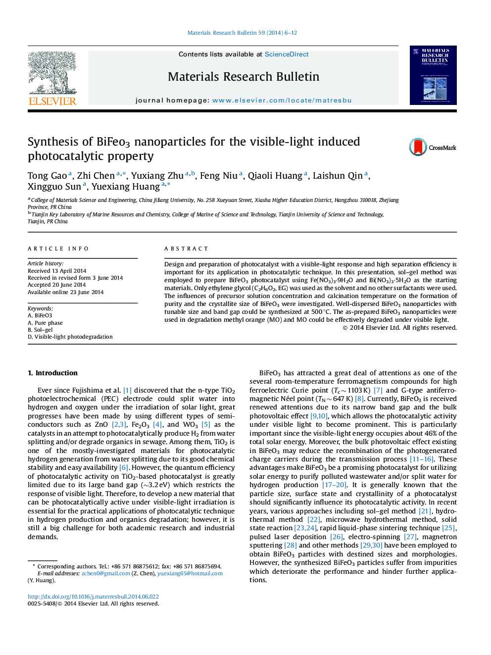 Synthesis of BiFeo3 nanoparticles for the visible-light induced photocatalytic property