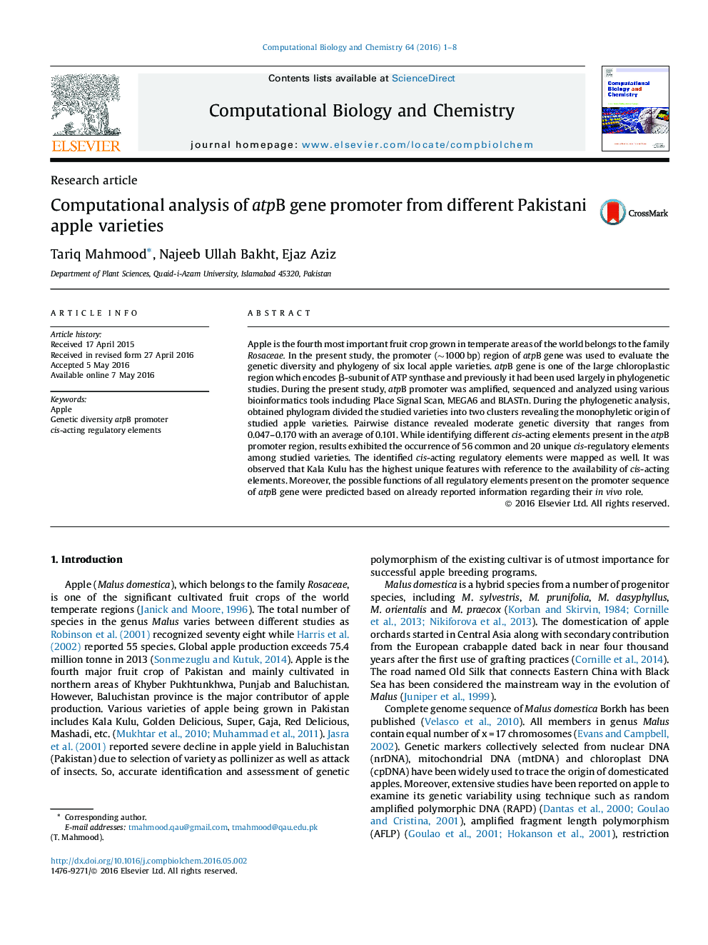 Computational analysis of atpB gene promoter from different Pakistani apple varieties