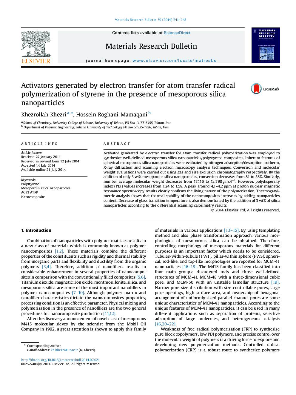 Activators generated by electron transfer for atom transfer radical polymerization of styrene in the presence of mesoporous silica nanoparticles