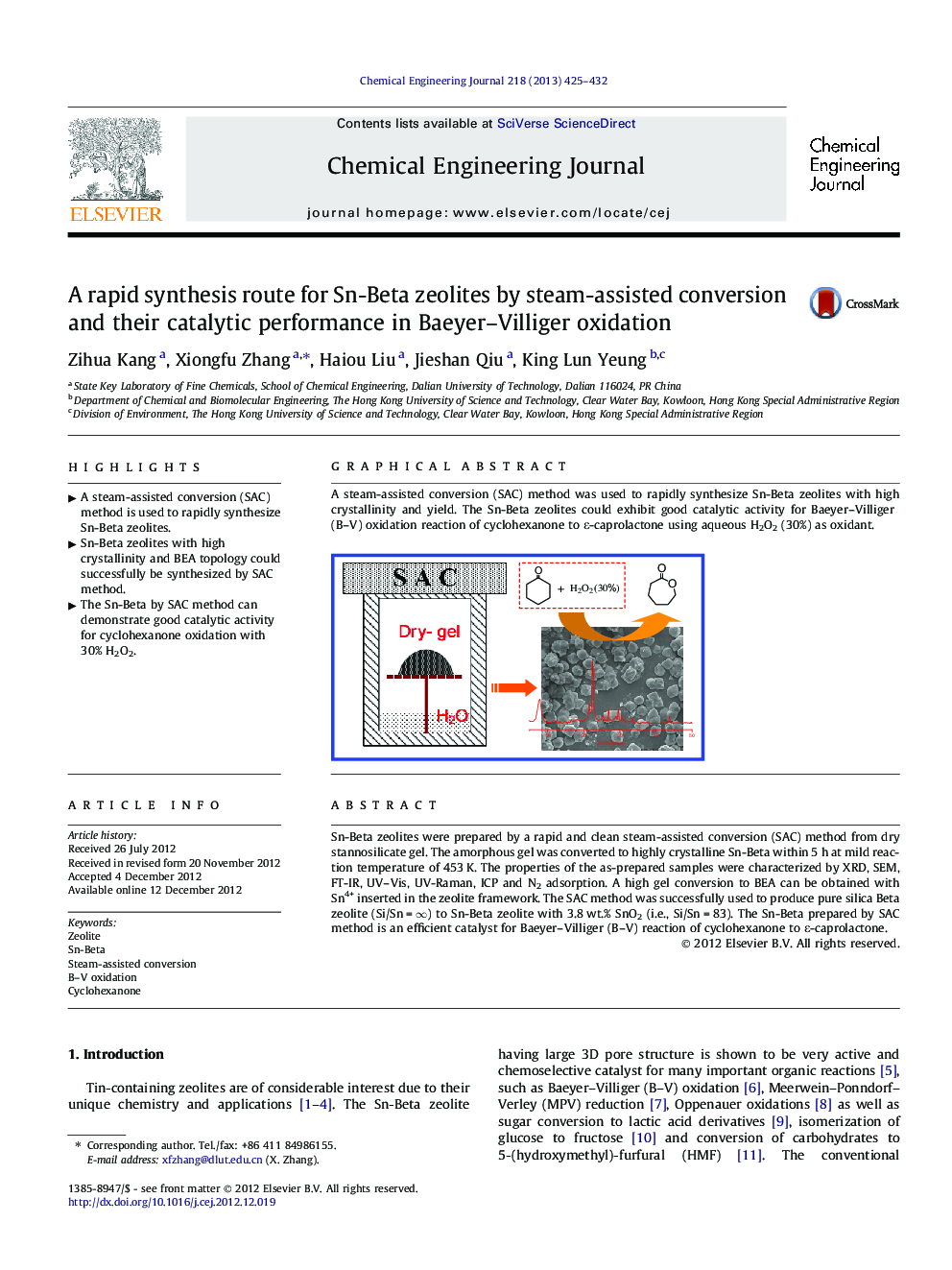 A rapid synthesis route for Sn-Beta zeolites by steam-assisted conversion and their catalytic performance in Baeyer–Villiger oxidation