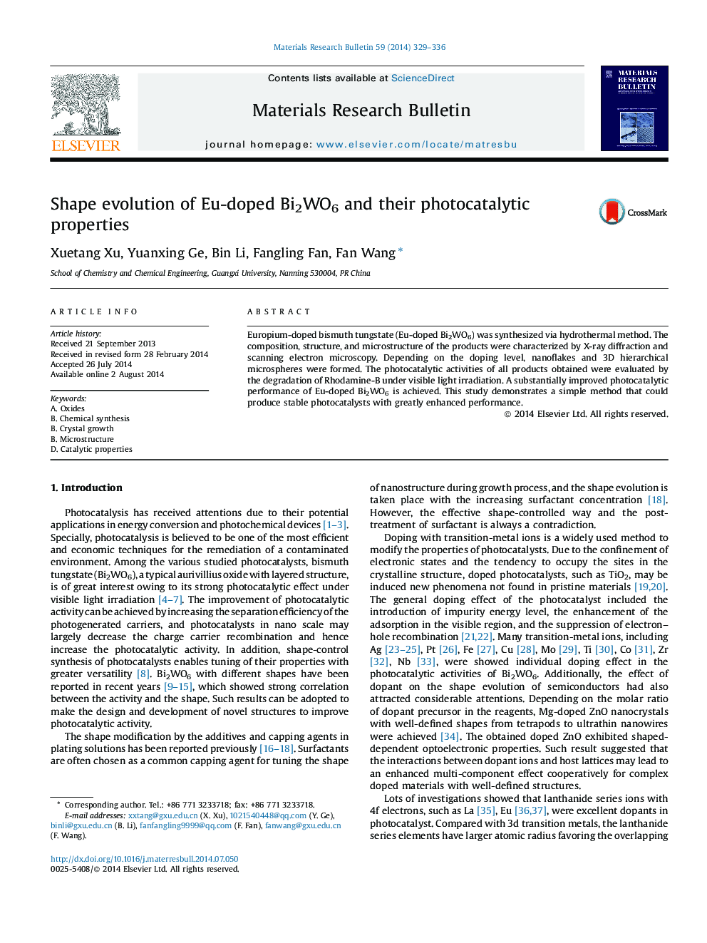 Shape evolution of Eu-doped Bi2WO6 and their photocatalytic properties