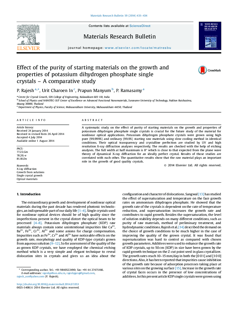 Effect of the purity of starting materials on the growth and properties of potassium dihydrogen phosphate single crystals – A comparative study