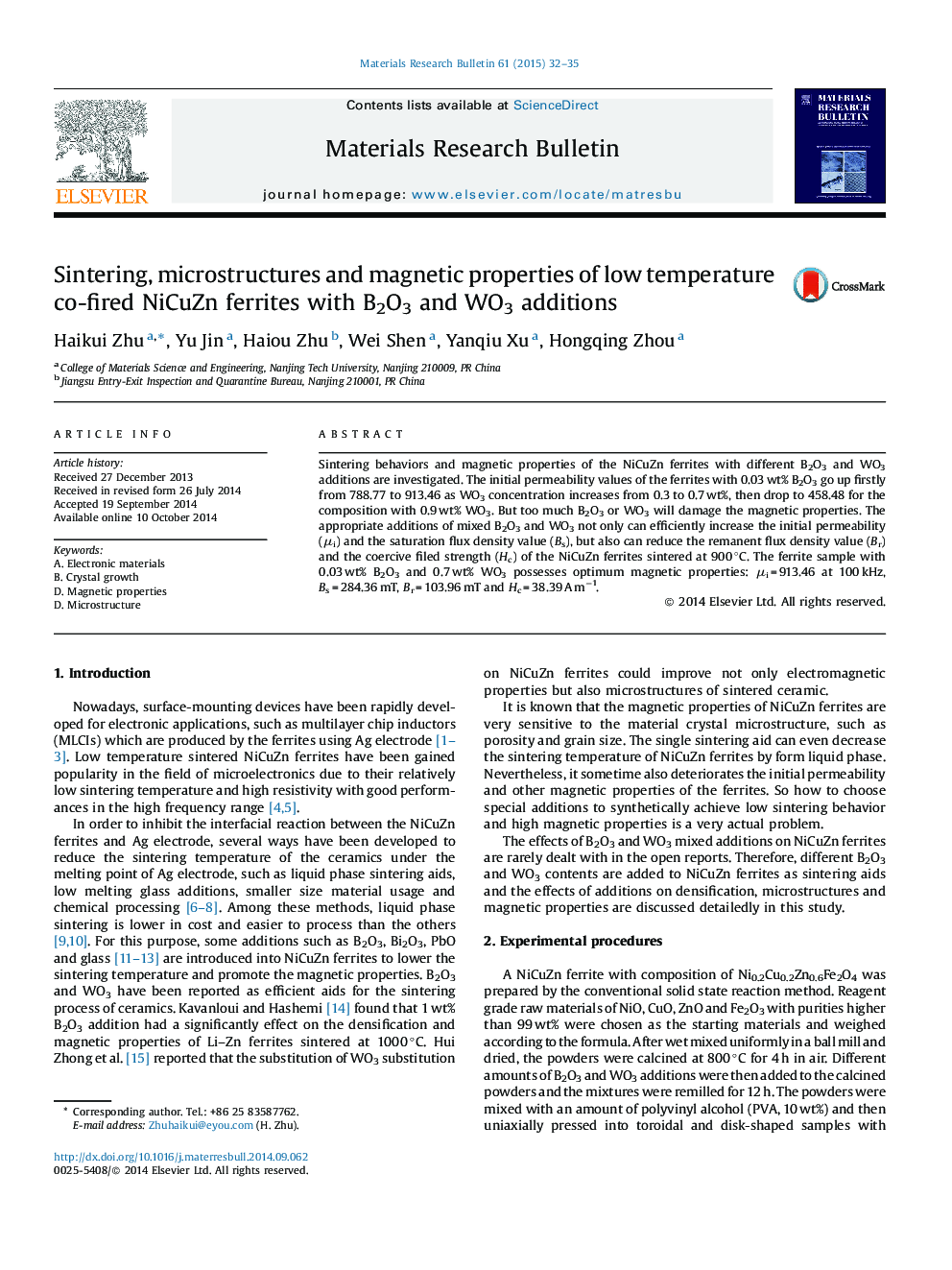 Sintering, microstructures and magnetic properties of low temperature co-fired NiCuZn ferrites with B2O3 and WO3 additions