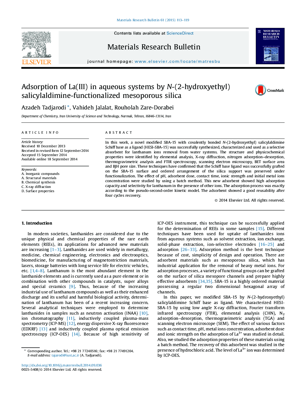 Adsorption of La(III) in aqueous systems by N-(2-hydroxyethyl) salicylaldimine-functionalized mesoporous silica