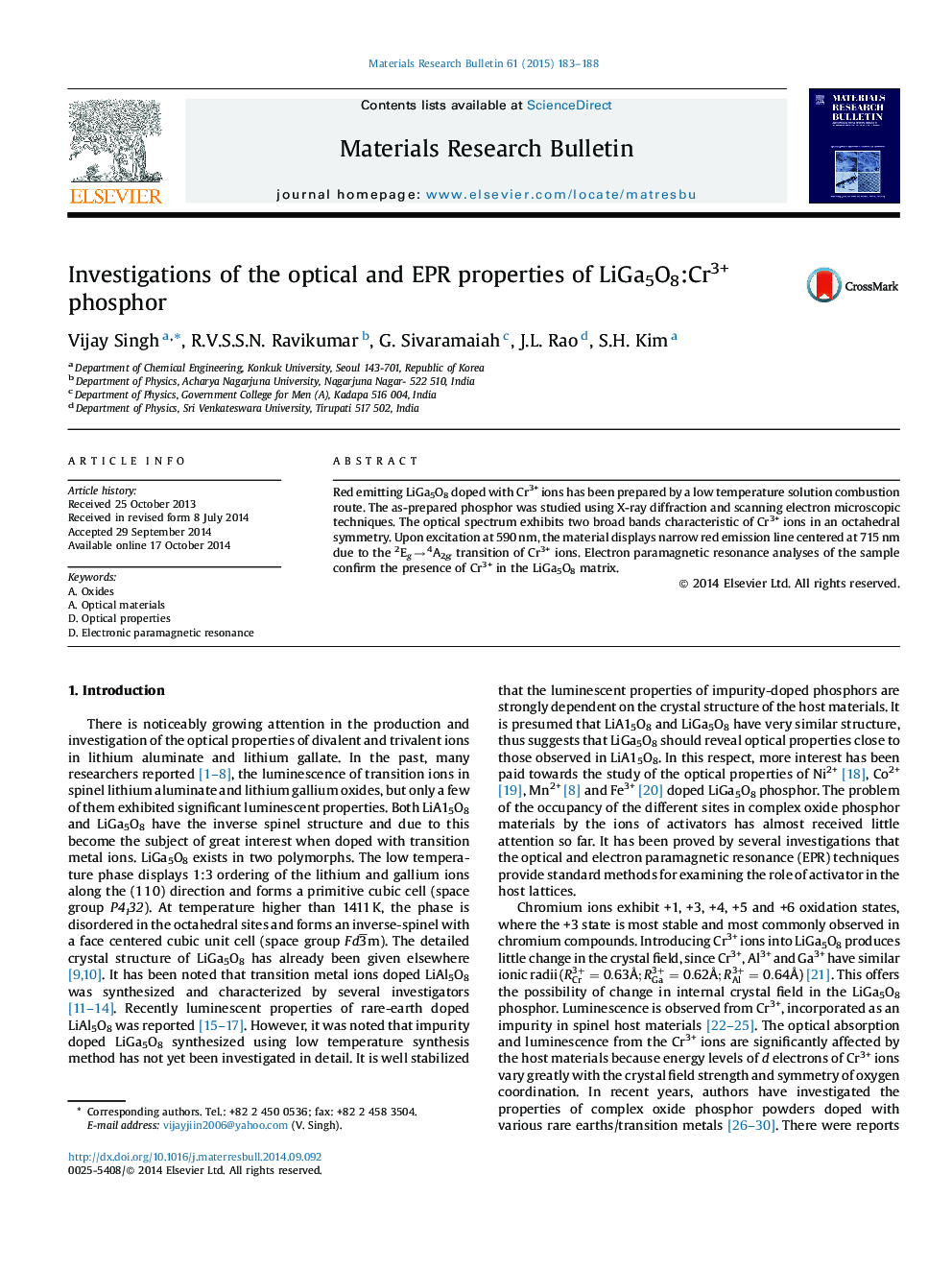 Investigations of the optical and EPR properties of LiGa5O8:Cr3+ phosphor