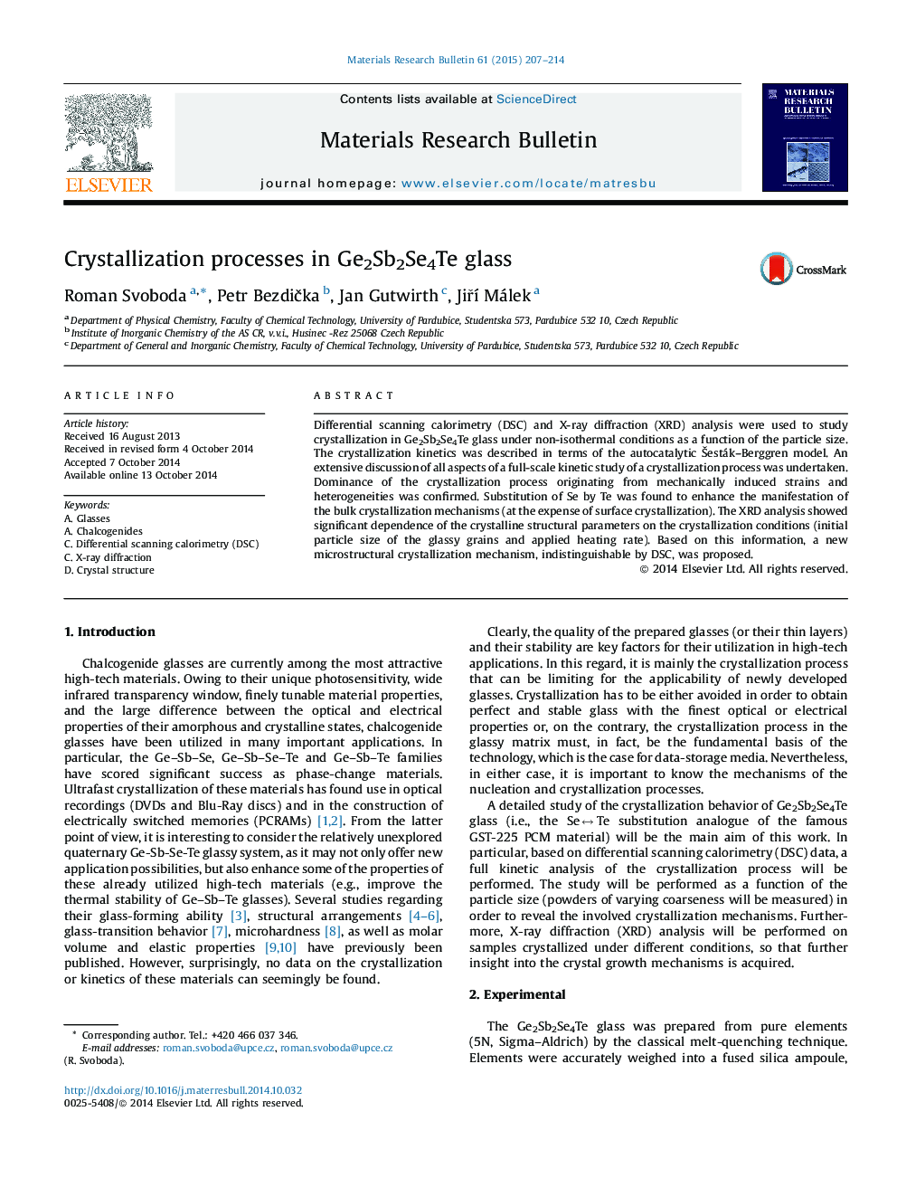 Crystallization processes in Ge2Sb2Se4Te glass