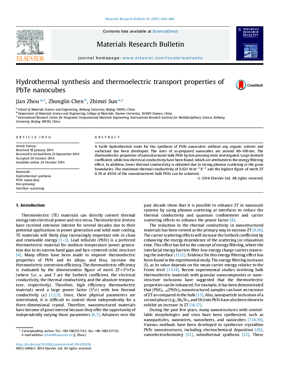 Hydrothermal synthesis and thermoelectric transport properties of PbTe nanocubes