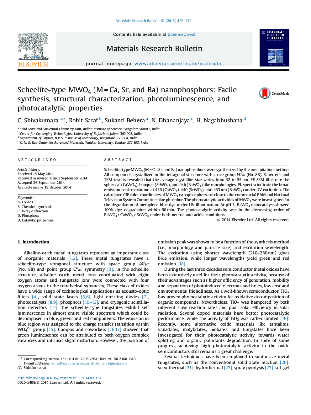 Scheelite-type MWO4 (M = Ca, Sr, and Ba) nanophosphors: Facile synthesis, structural characterization, photoluminescence, and photocatalytic properties