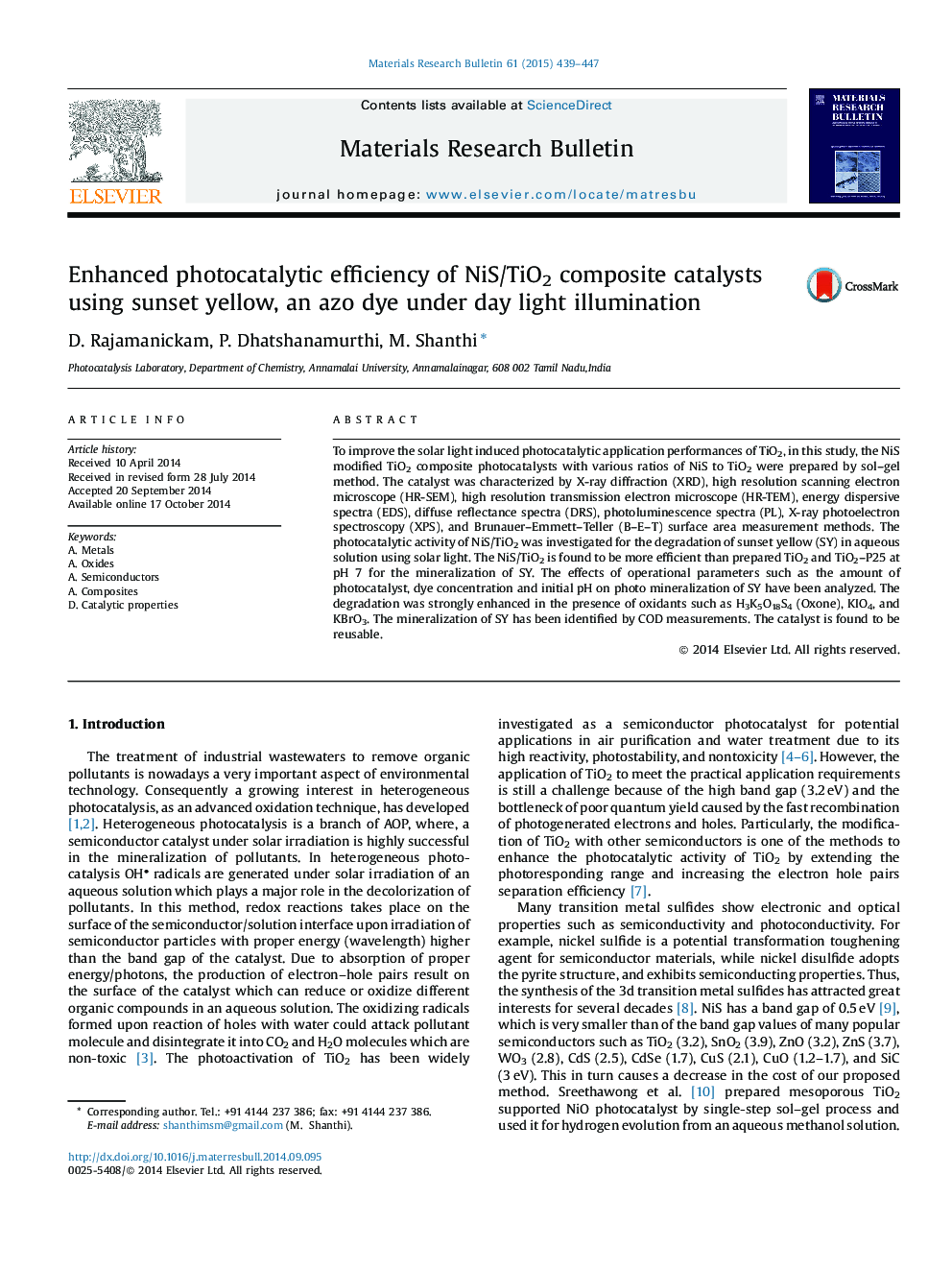 Enhanced photocatalytic efficiency of NiS/TiO2 composite catalysts using sunset yellow, an azo dye under day light illumination