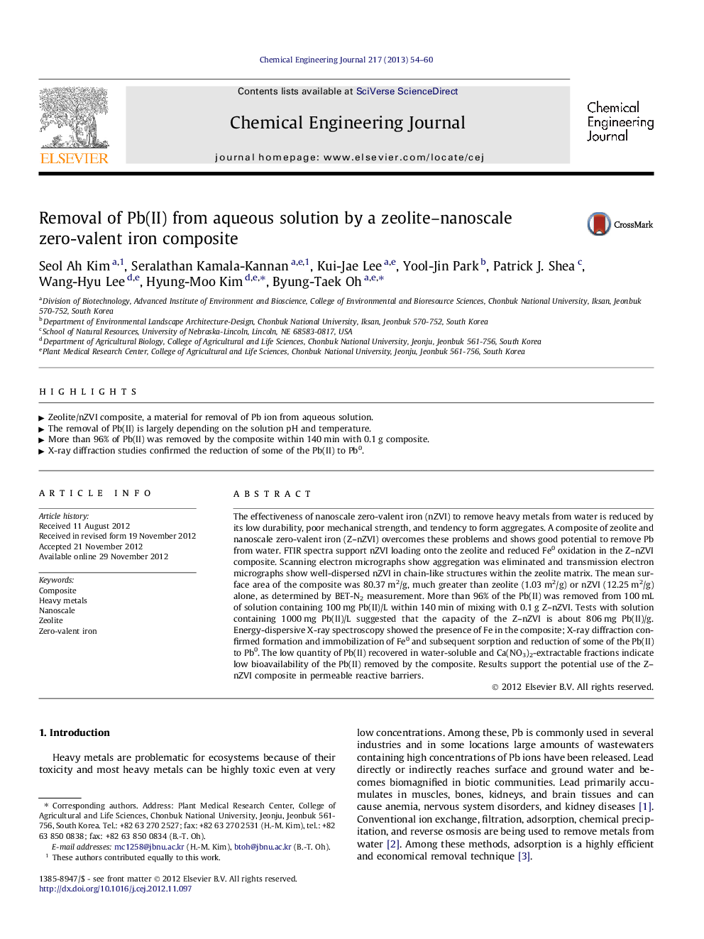 Removal of Pb(II) from aqueous solution by a zeolite–nanoscale zero-valent iron composite