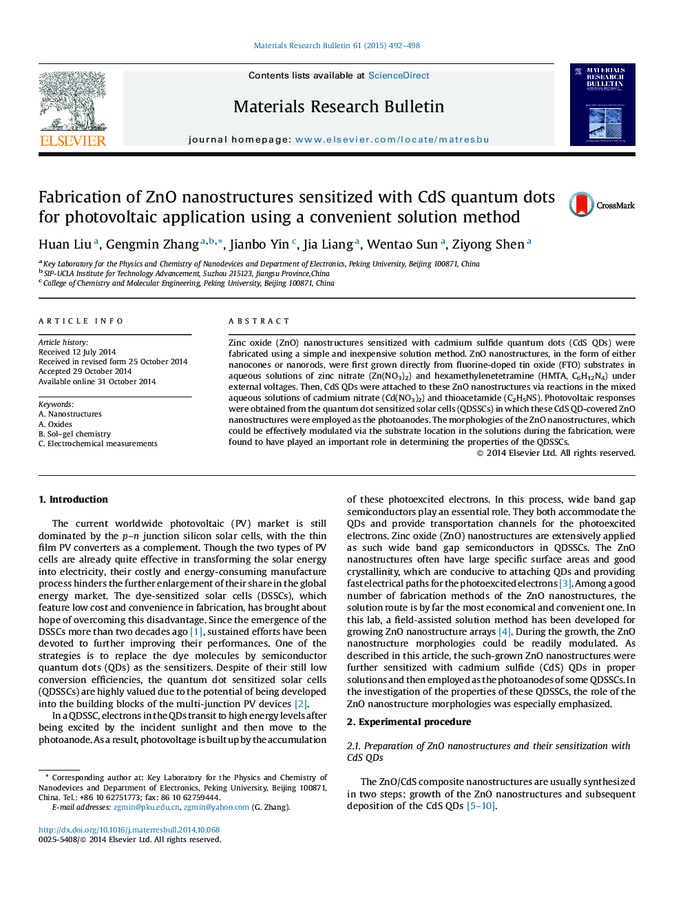 Fabrication of ZnO nanostructures sensitized with CdS quantum dots for photovoltaic application using a convenient solution method