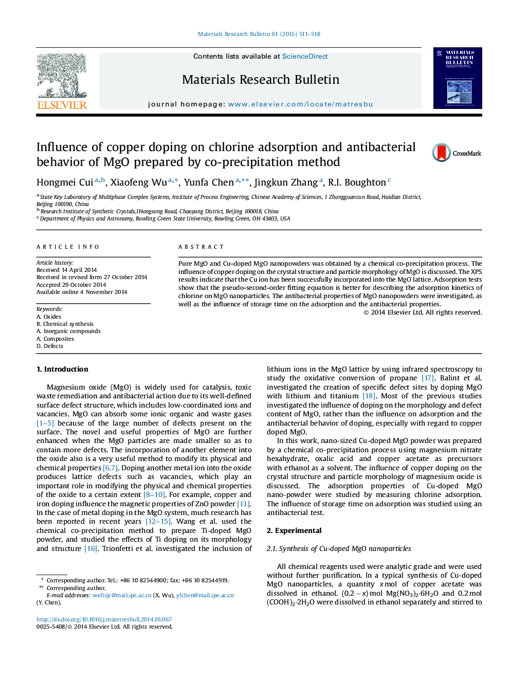 Influence of copper doping on chlorine adsorption and antibacterial behavior of MgO prepared by co-precipitation method