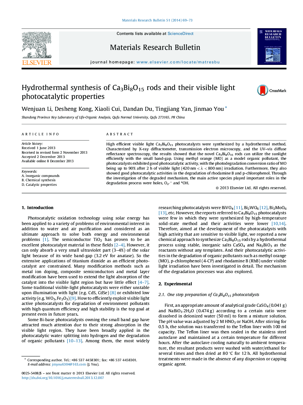 Hydrothermal synthesis of Ca3Bi8O15 rods and their visible light photocatalytic properties