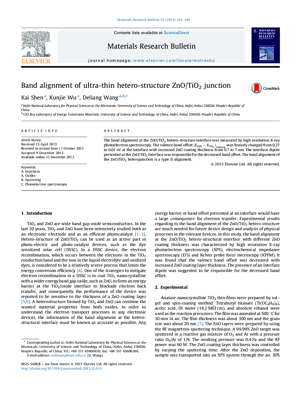 Band alignment of ultra-thin hetero-structure ZnO/TiO2 junction