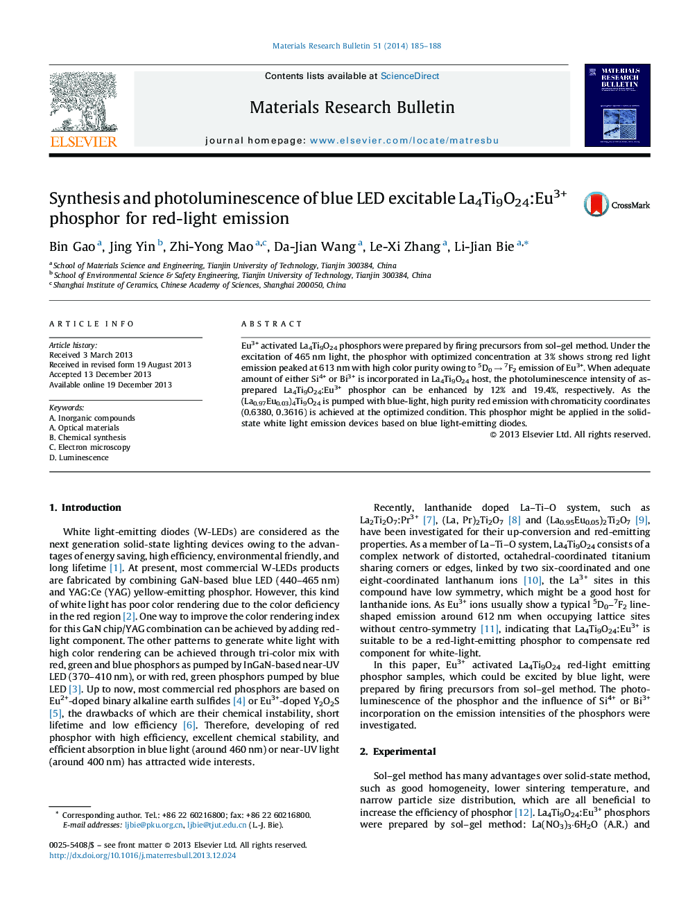 Synthesis and photoluminescence of blue LED excitable La4Ti9O24:Eu3+ phosphor for red-light emission