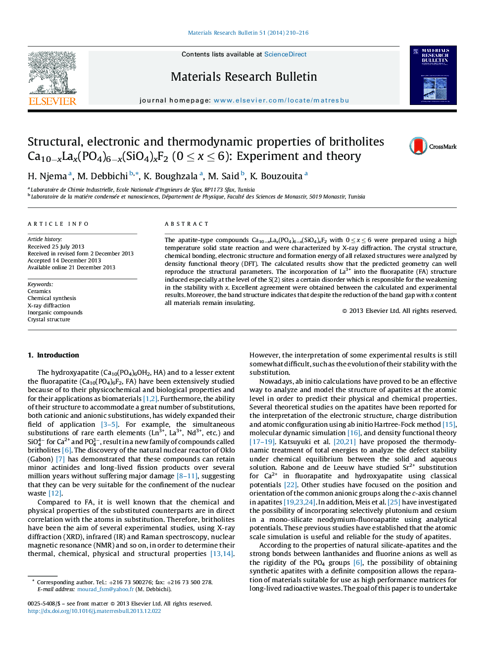 Structural, electronic and thermodynamic properties of britholites Ca10−xLax(PO4)6−x(SiO4)xF2 (0 ≤ x ≤ 6): Experiment and theory