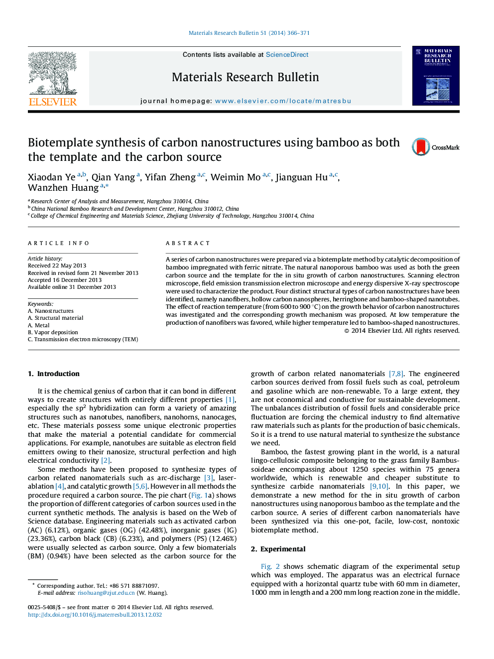 Biotemplate synthesis of carbon nanostructures using bamboo as both the template and the carbon source