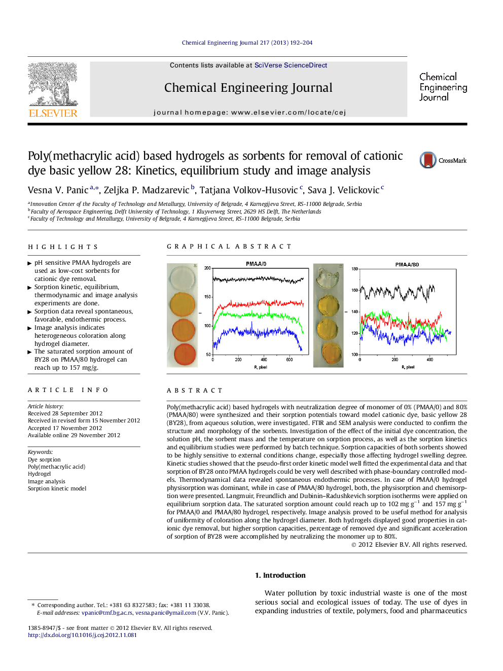 Poly(methacrylic acid) based hydrogels as sorbents for removal of cationic dye basic yellow 28: Kinetics, equilibrium study and image analysis