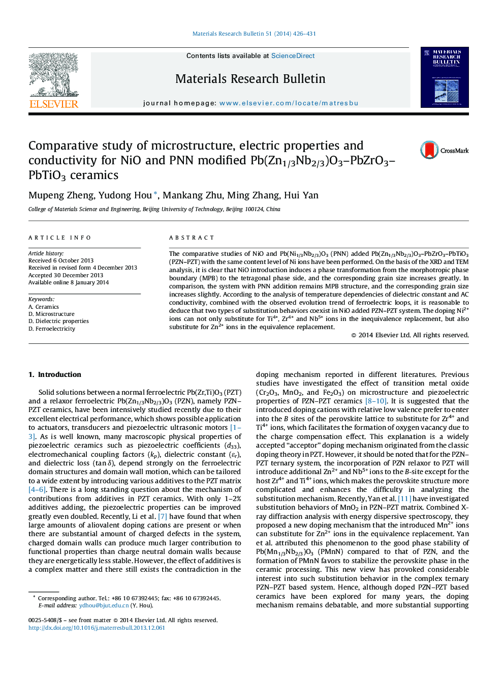 Comparative study of microstructure, electric properties and conductivity for NiO and PNN modified Pb(Zn1/3Nb2/3)O3–PbZrO3–PbTiO3 ceramics