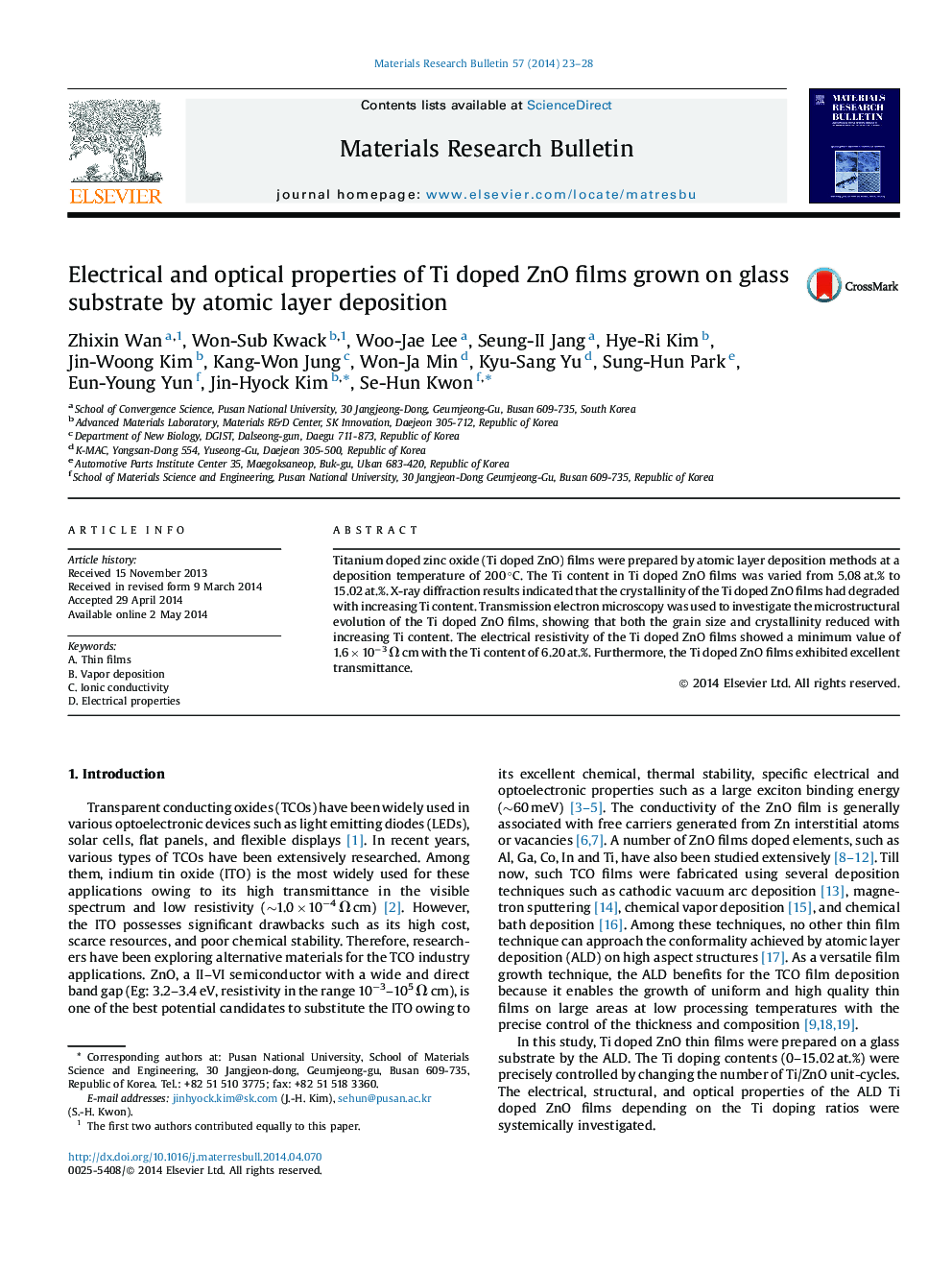 Electrical and optical properties of Ti doped ZnO films grown on glass substrate by atomic layer deposition