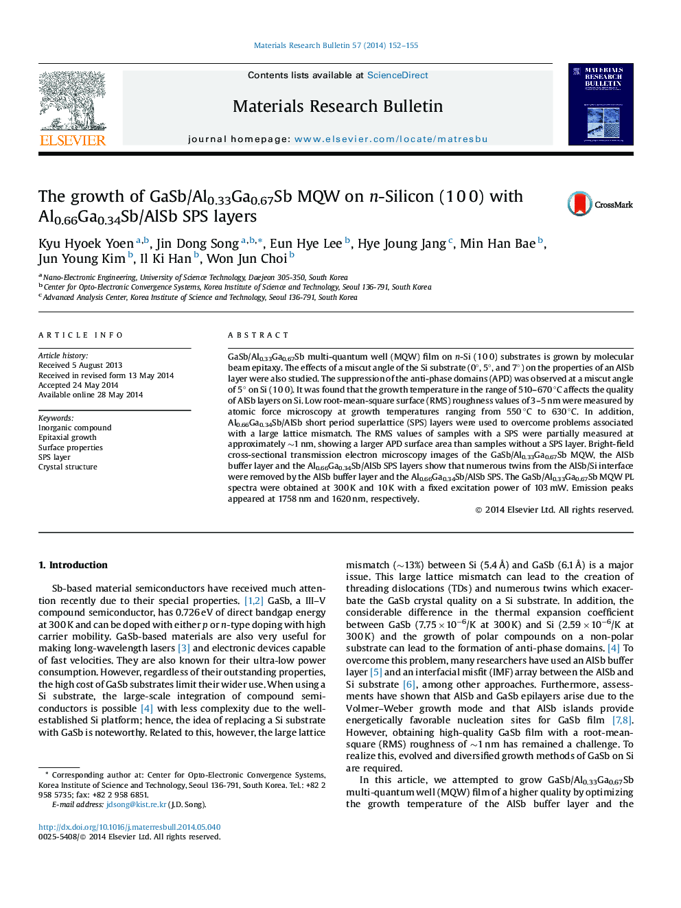 The growth of GaSb/Al0.33Ga0.67Sb MQW on n-Silicon (1 0 0) with Al0.66Ga0.34Sb/AlSb SPS layers