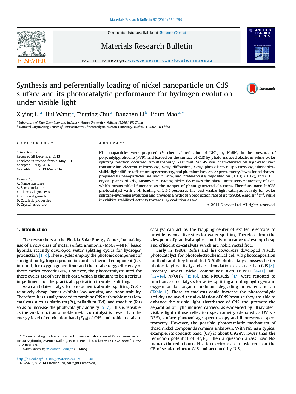 عکس صفحه اول مقاله: Synthesis and peferentially loading of nickel nanoparticle on CdS surface and its photocatalytic performance for hydrogen evolution under visible light Synthesis and peferentially loading of nickel nanoparticle on CdS surface and its photocatalytic performance for hydrogen evolution under visible light