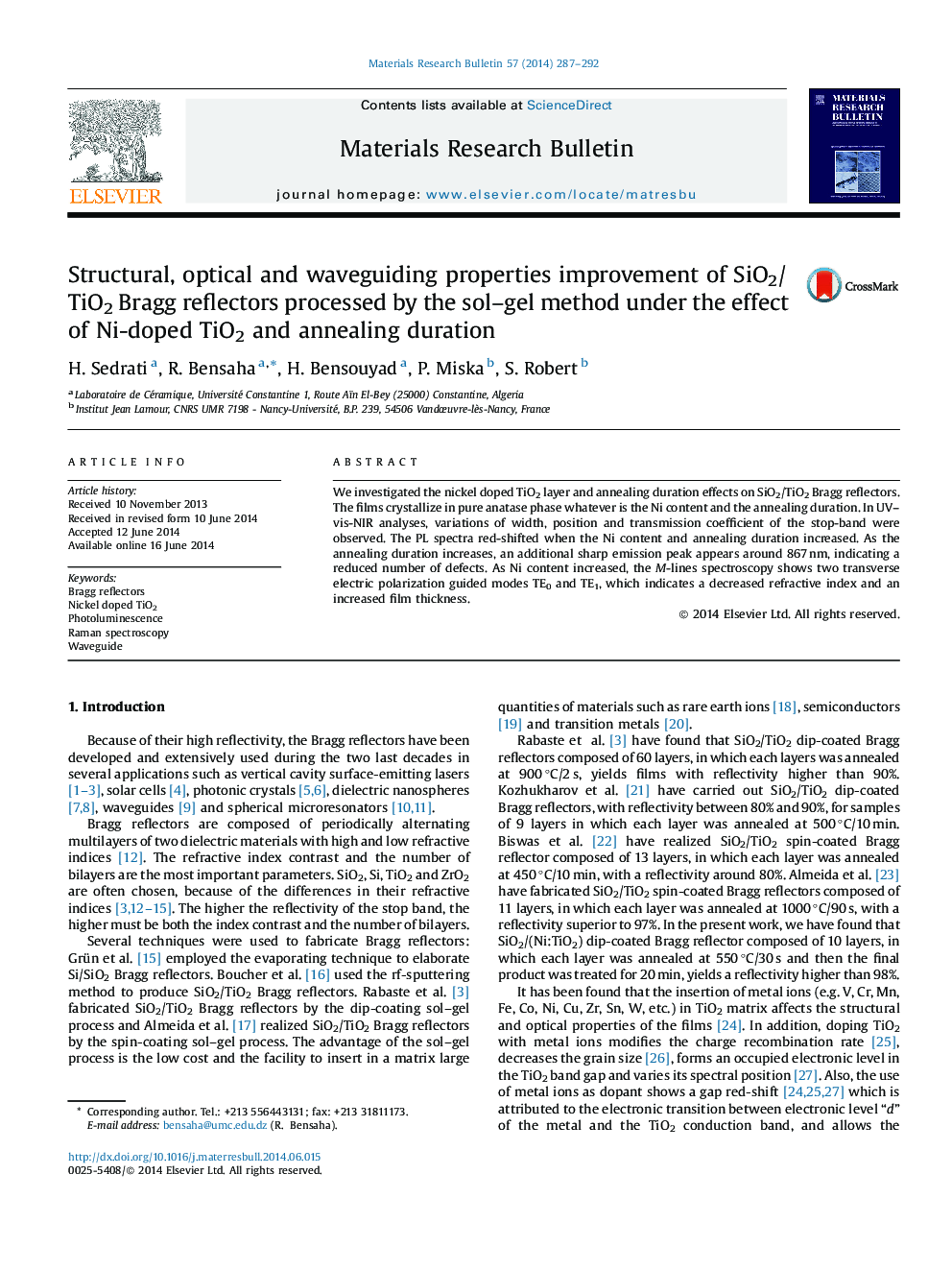 Structural, optical and waveguiding properties improvement of SiO2/TiO2 Bragg reflectors processed by the sol–gel method under the effect of Ni-doped TiO2 and annealing duration