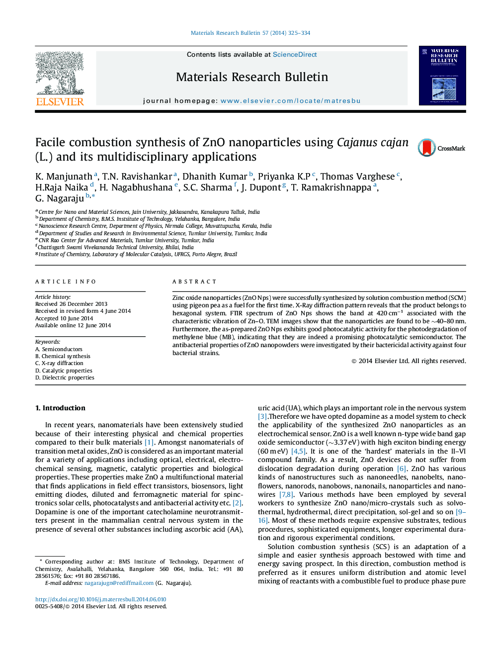 Facile combustion synthesis of ZnO nanoparticles using Cajanus cajan (L.) and its multidisciplinary applications