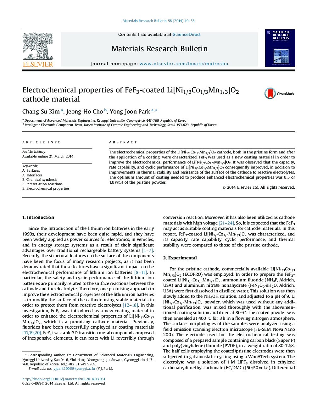 Electrochemical properties of FeF3-coated Li[Ni1/3Co1/3Mn1/3]O2 cathode material