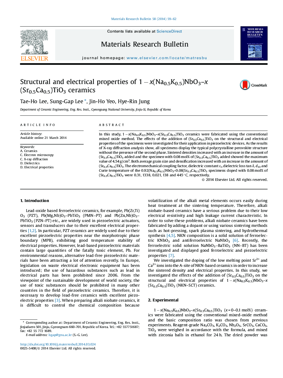 Structural and electrical properties of 1Â âÂ x(Na0.5K0.5)NbO3-x(Sr0.5Ca0.5)TiO3 ceramics