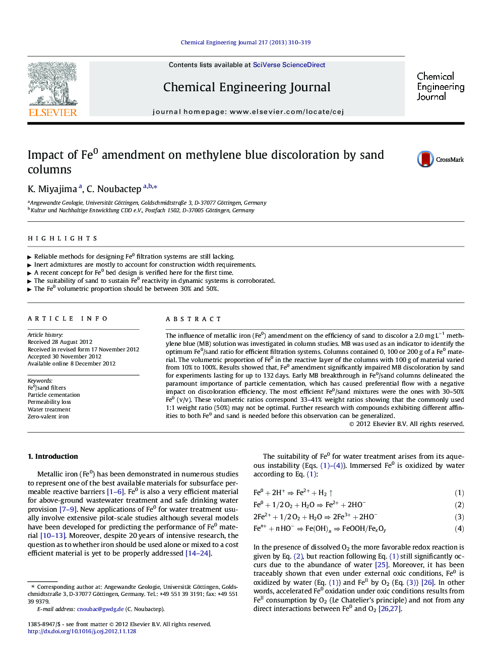 Impact of Fe0 amendment on methylene blue discoloration by sand columns