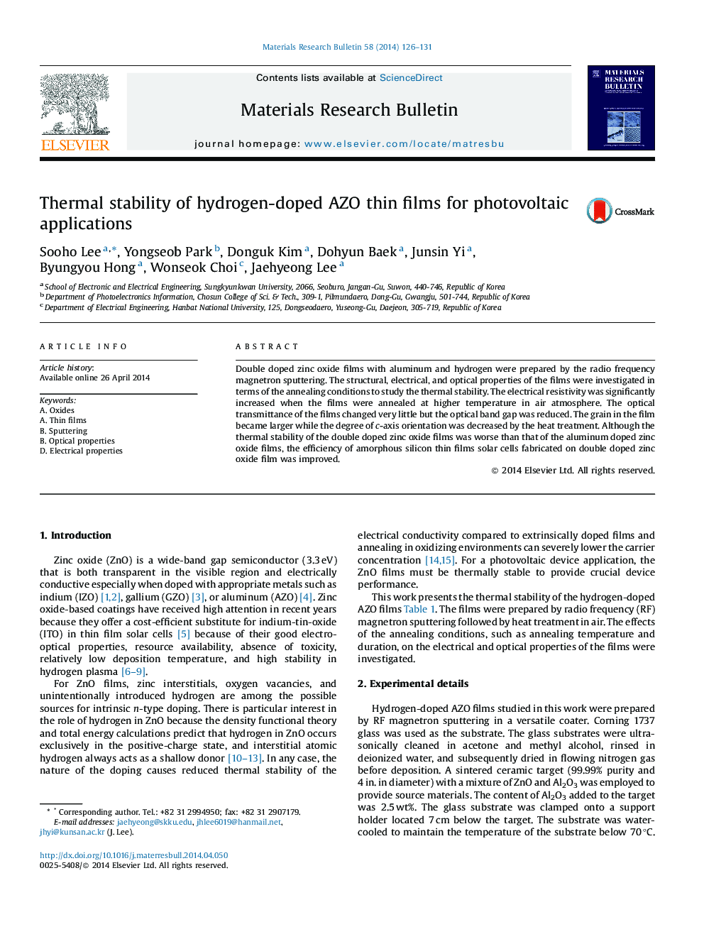 عکس صفحه اول مقاله: Thermal stability of hydrogen-doped AZO thin films for photovoltaic applications Thermal stability of hydrogen-doped AZO thin films for photovoltaic applications