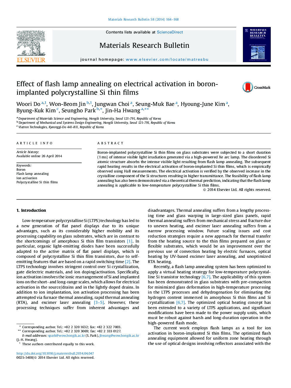 Effect of flash lamp annealing on electrical activation in boron-implanted polycrystalline Si thin films