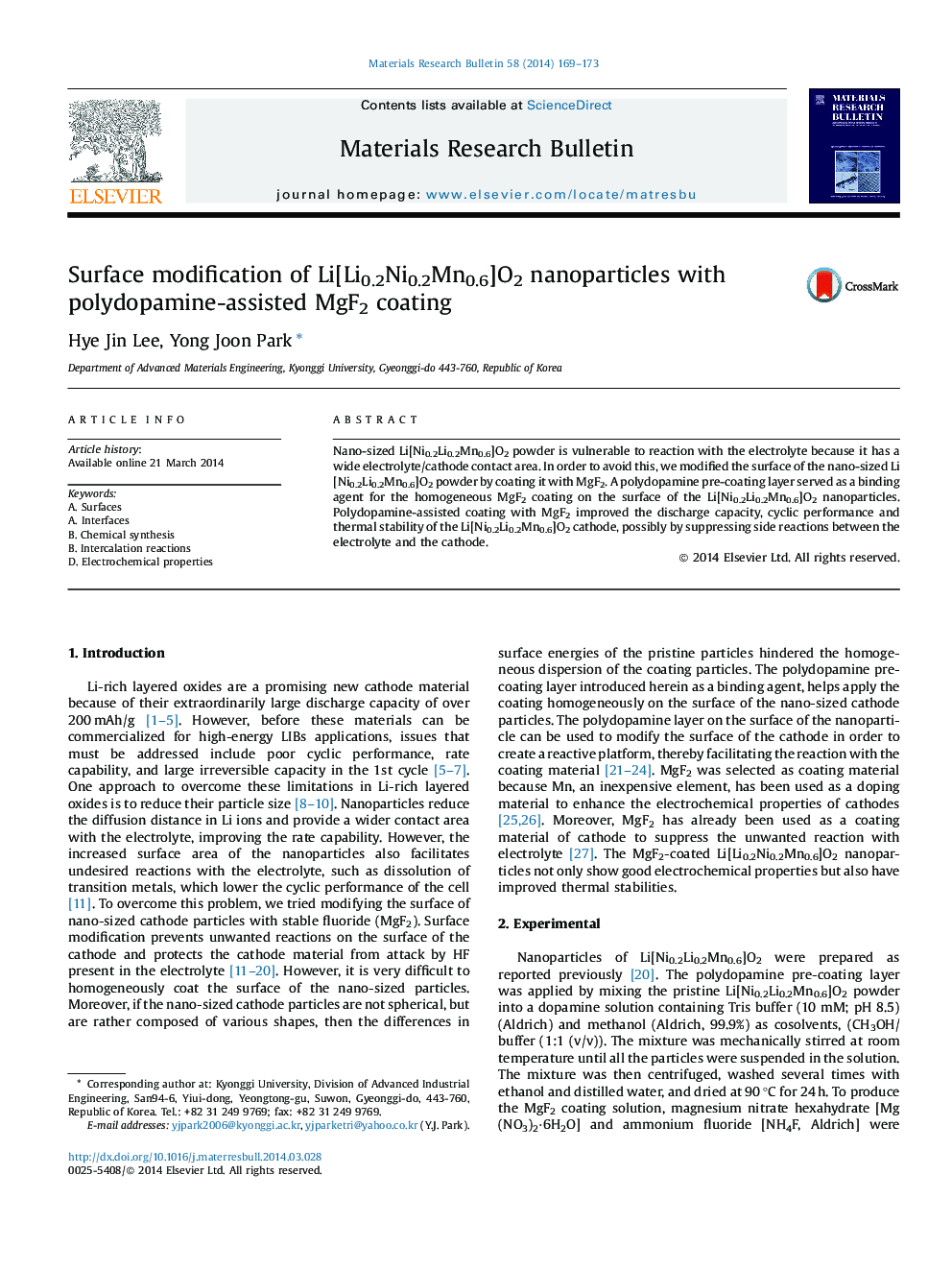 Surface modification of Li[Li0.2Ni0.2Mn0.6]O2 nanoparticles with polydopamine-assisted MgF2 coating