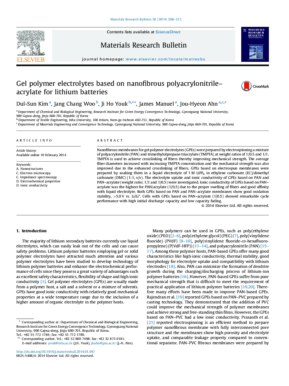 Gel polymer electrolytes based on nanofibrous polyacrylonitrile–acrylate for lithium batteries