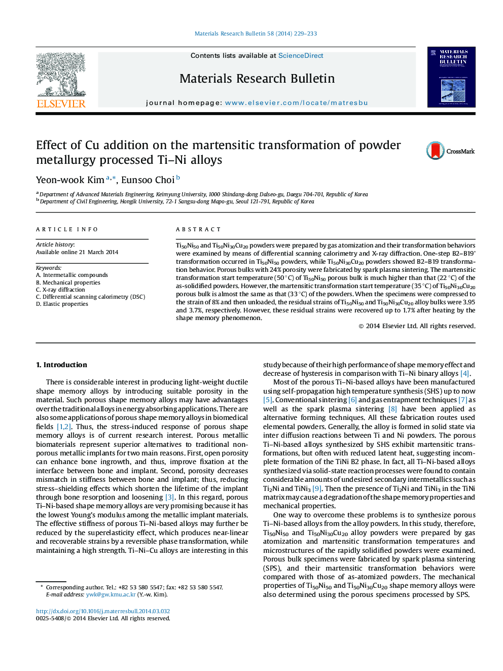 Effect of Cu addition on the martensitic transformation of powder metallurgy processed Ti-Ni alloys