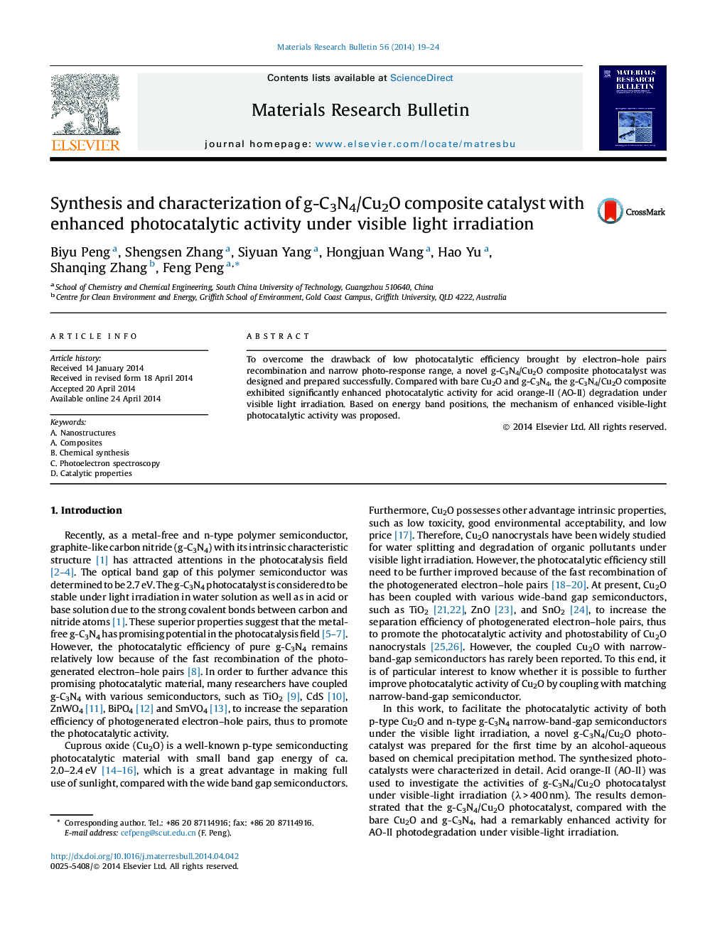 Synthesis and characterization of g-C3N4/Cu2O composite catalyst with enhanced photocatalytic activity under visible light irradiation