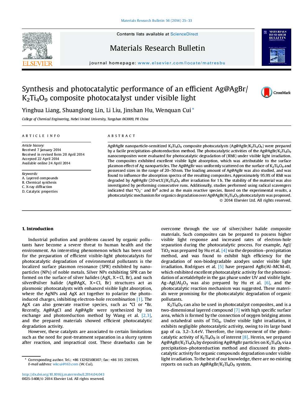 Synthesis and photocatalytic performance of an efficient Ag@AgBr/K2Ti4O9 composite photocatalyst under visible light