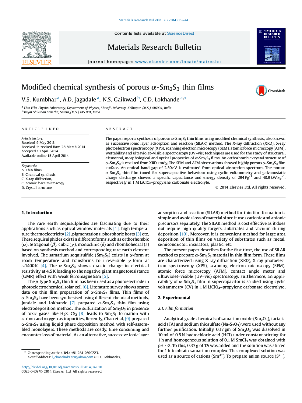 Modified chemical synthesis of porous α-Sm2S3 thin films