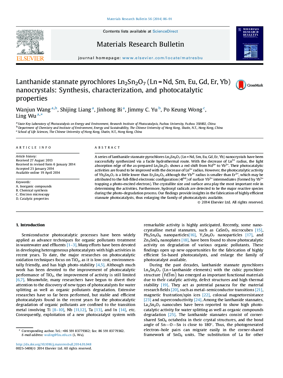 عکس صفحه اول مقاله: Lanthanide stannate pyrochlores Ln2Sn2O7 (Ln = Nd, Sm, Eu, Gd, Er, Yb) nanocrystals: Synthesis, characterization, and photocatalytic properties Lanthanide stannate pyrochlores Ln2Sn2O7 (Ln = Nd, Sm, Eu, Gd, Er, Yb) nanocrystals: Synthesis, characterization, and photocatalytic properties