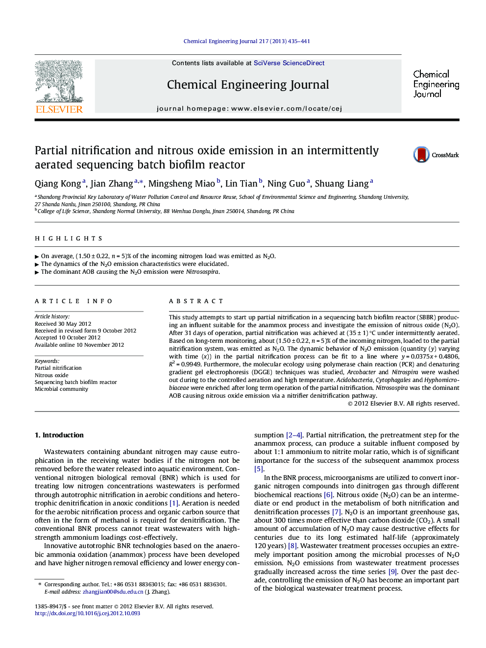 Partial nitrification and nitrous oxide emission in an intermittently aerated sequencing batch biofilm reactor