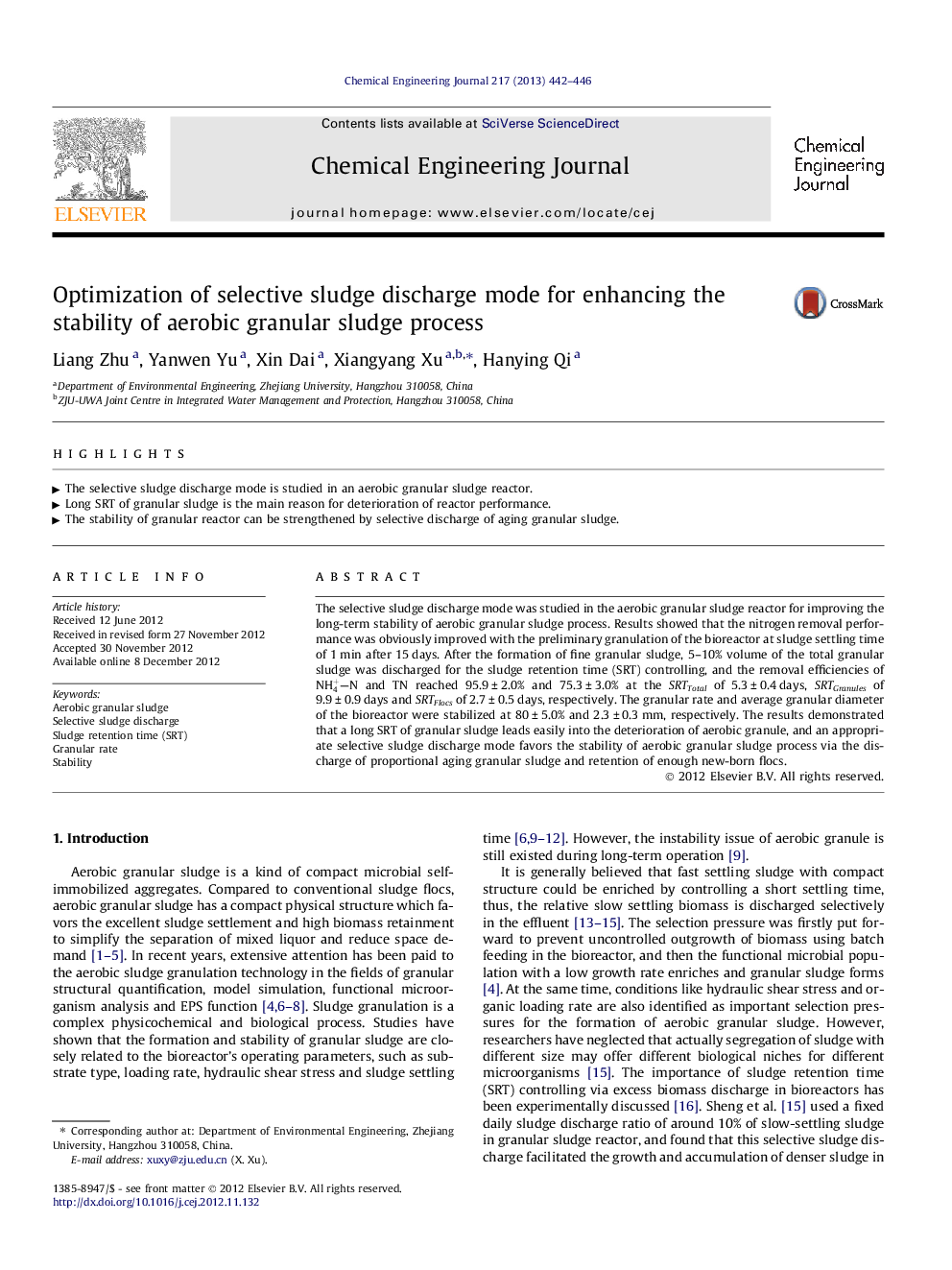 Optimization of selective sludge discharge mode for enhancing the stability of aerobic granular sludge process