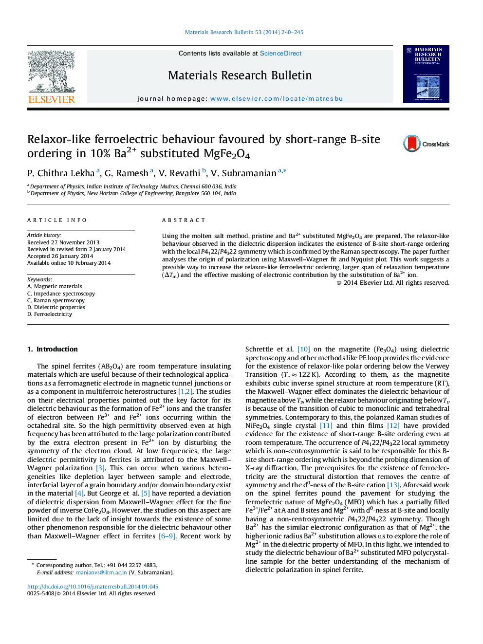 Relaxor-like ferroelectric behaviour favoured by short-range B-site ordering in 10% Ba2+ substituted MgFe2O4