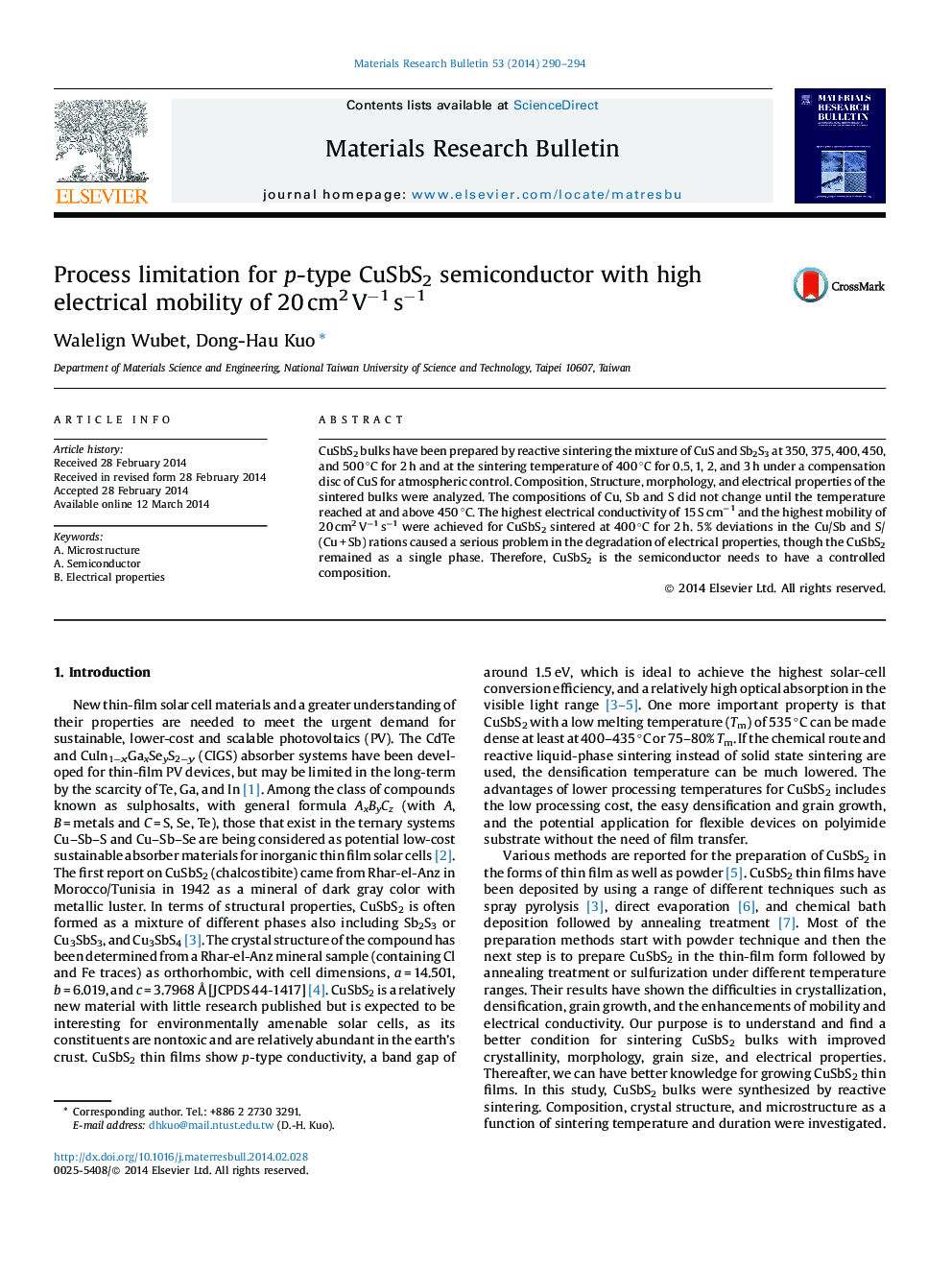 Process limitation for p-type CuSbS2 semiconductor with high electrical mobility of 20 cm2 V−1 s−1