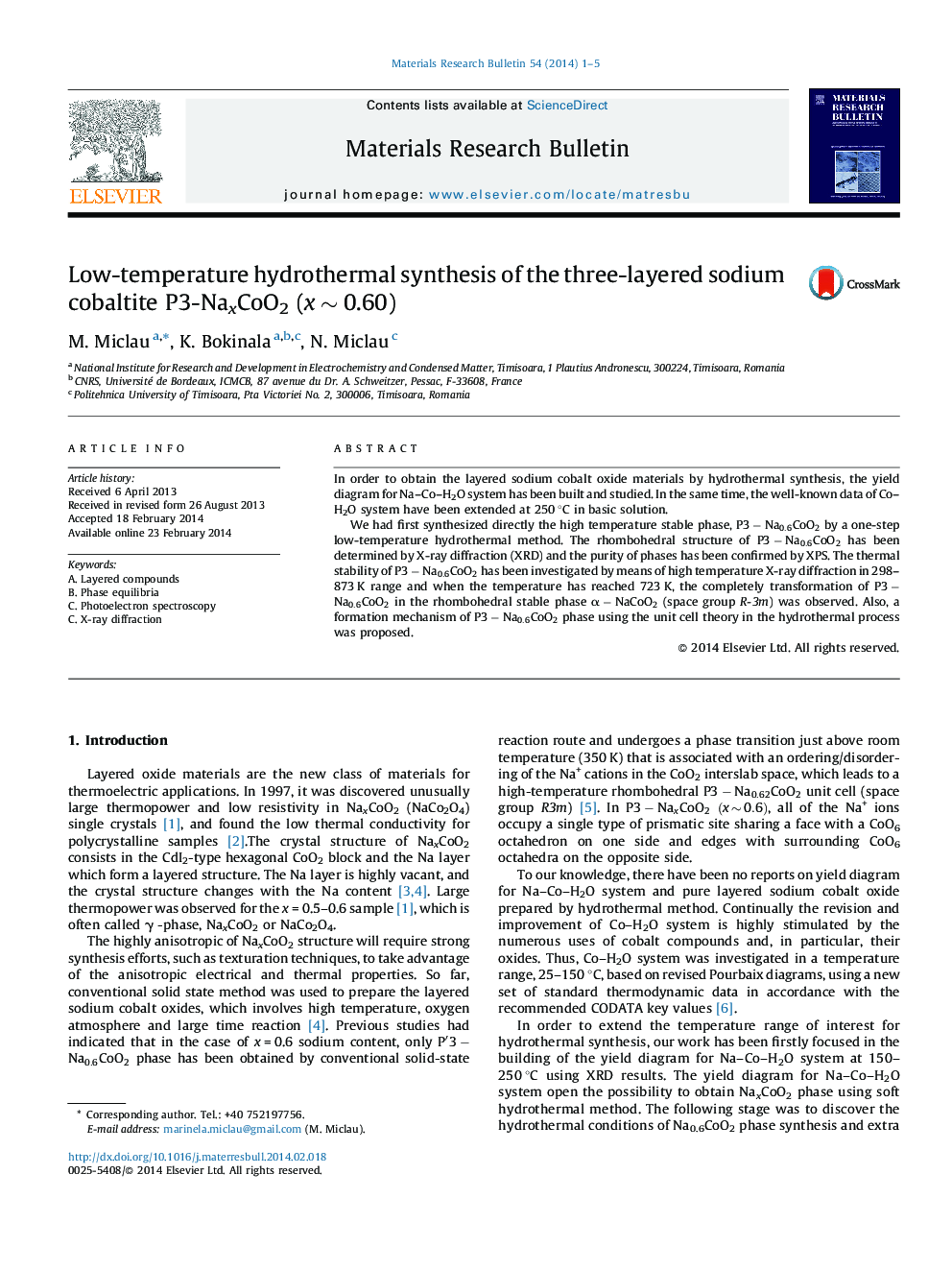 Low-temperature hydrothermal synthesis of the three-layered sodium cobaltite P3-NaxCoO2 (x ∼ 0.60)