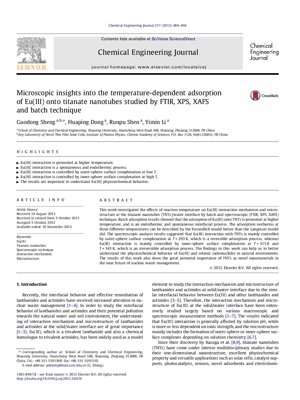 Microscopic insights into the temperature-dependent adsorption of Eu(III) onto titanate nanotubes studied by FTIR, XPS, XAFS and batch technique