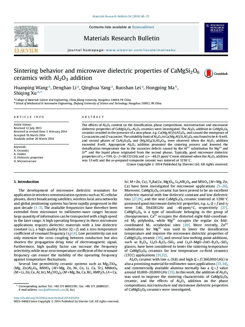 Sintering behavior and microwave dielectric properties of CaMgSi2O6 ceramics with Al2O3 addition